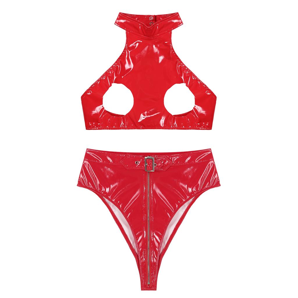 Женское нижнее белье с мокрым эффектом, без рукавов, с лямкой на шее, с открытой грудью, укороченный топ с высоким вырезом и поясом на молнии спереди, трусы для вечеринок и клубов