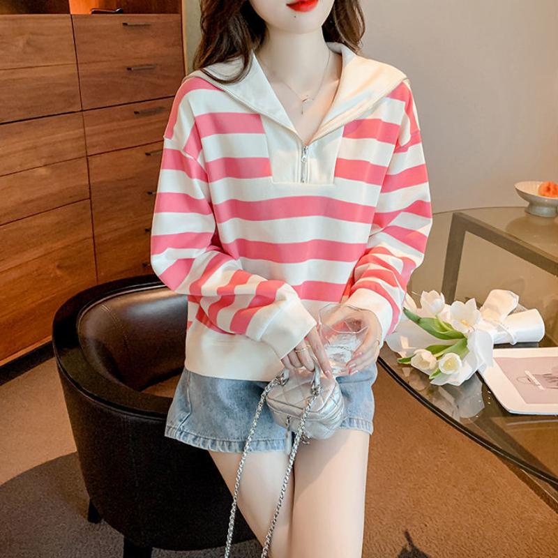 Повседневная полосатая толстовка с темно-синим воротником, женская осенняя корейская версия, дизайнерская свободная пуловерная рубашка большого размера с длинным рукавом, оригинальные женские топы