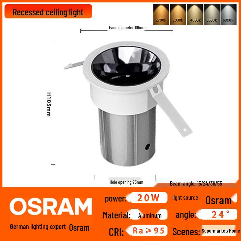 OSRAM Aluminum COB Wall Washer: High-Brightness Ra95 Recessed LED Ceiling Light