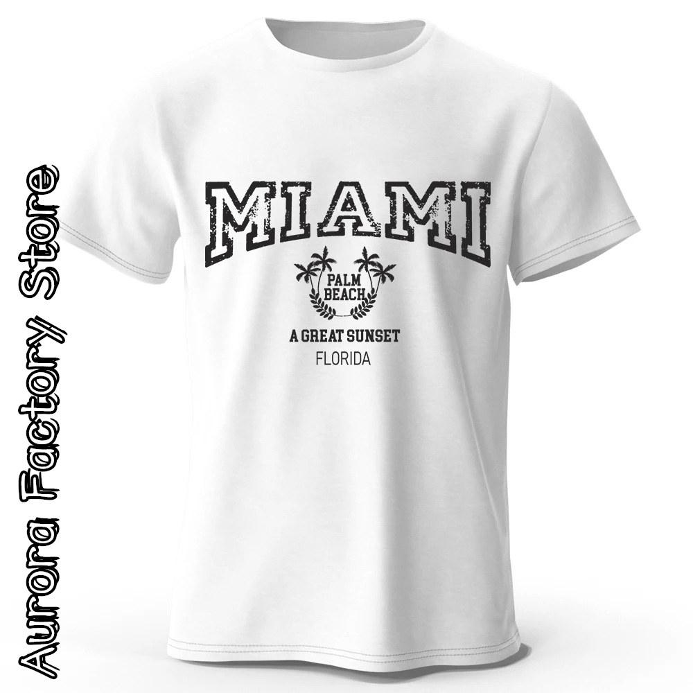 MIAMI Printing T-Shirt Summer Men Casual Cotton O-Neck Tops Tees Male Fashion Camiseta Short Sleeve Clothing Vintage Streetwear