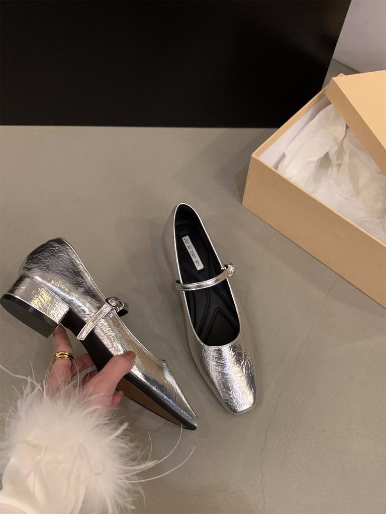 Coarse heel silver Mary Jane single shoes women's shoes 2025 new spring and autumn square head French spring with skirt evening shoes