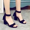 Fashion Thick Heel Sandals Women Summer Wild Large Size High Heel Mid-heel Buckle Sandals Open Toe Flock Pumps Black Shoes 2024