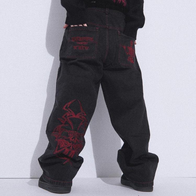 Y2K Jeans Mens Hip Hop Retro Skull Embroidery Washed Baggy Denim Pants New Straight Casual Loose Wide Leg Trouser Streetwear