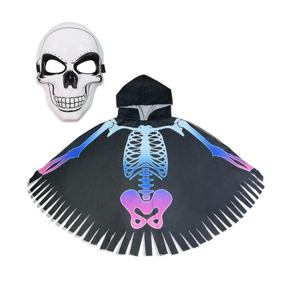 Halloween Skeleton Poncho Hooded Skeleton Cape Halloween Party Costume Cosplay Outfit for Kids Adults