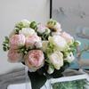 30cm Rose Pink Silk Bouquet Peony Artificial Flowers 5 Big Heads 4 Small Bud Bride Wedding Home Decoration Fake Flowers Faux