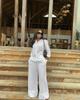 African shirt for women, European and American women's fashionable versatile collared solid color top, loose casual tie-up pants two-piece set