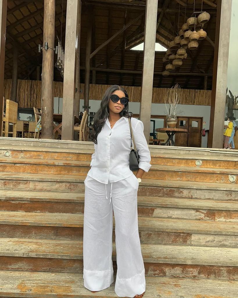African shirt for women, European and American women's fashionable versatile collared solid color top, loose casual tie-up pants two-piece set