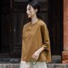 Women Vintage Cotton Linen Shirts Tops Stand Seven Sleeve Blouses Autumn Solid Color Vintage Shirts