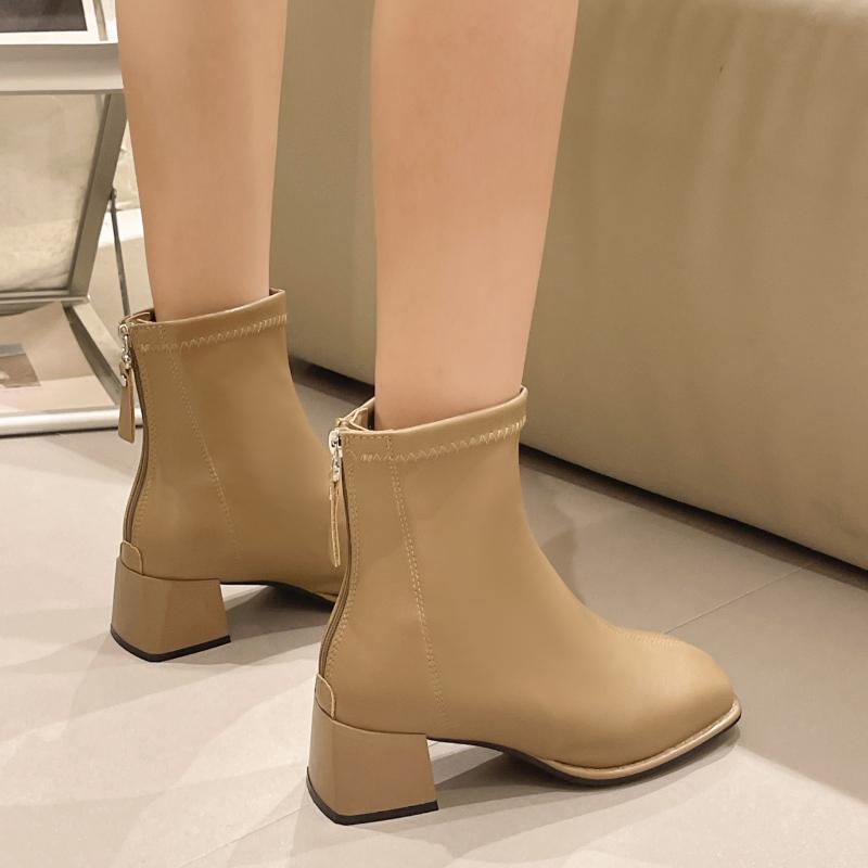 2024 New Fashion Ankle Boots Women Elastic Socks Boots High Heel Thicks Heel Short Boots Square Toe Retro Ladies Shoes