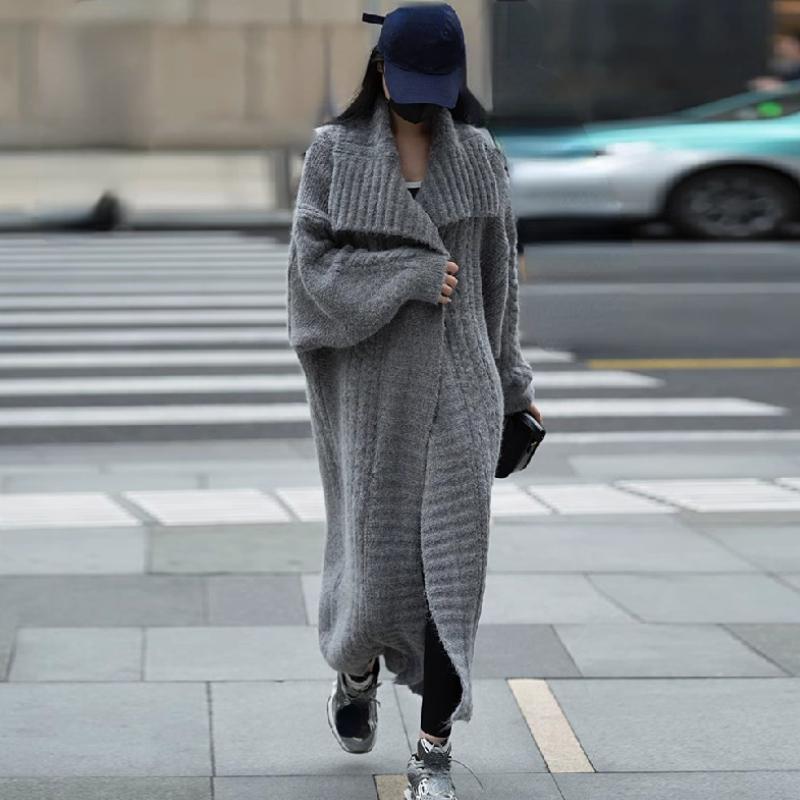 Длинный вязаный кардиган, женский элегантный свободный женский свитер с лацканами и длинными рукавами, пальто 2024, весенняя уличная женская верхняя одежда