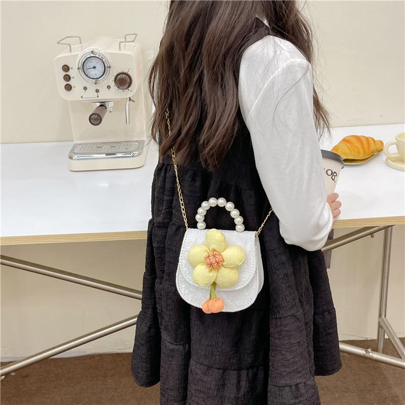 Adorable Fashionable Sunflower Pearl Chain Handbag For Girls Cute Princess Shoulder Bag Breathable Wear-resistant Pu Leather