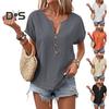 Женская рубашка с V-образным вырезом, декором в виде пуговиц, коротким рукавом, свободная рубашка, однотонная повседневная летняя футболка, повседневная одежда