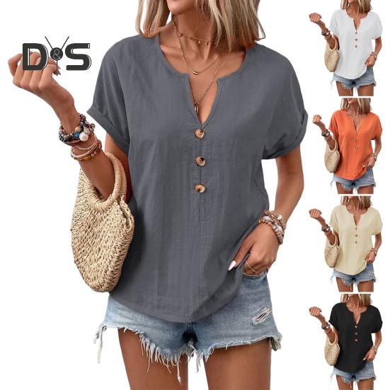 Женская рубашка с V-образным вырезом, декором в виде пуговиц, коротким рукавом, свободная рубашка, однотонная повседневная летняя футболка, повседневная одежда