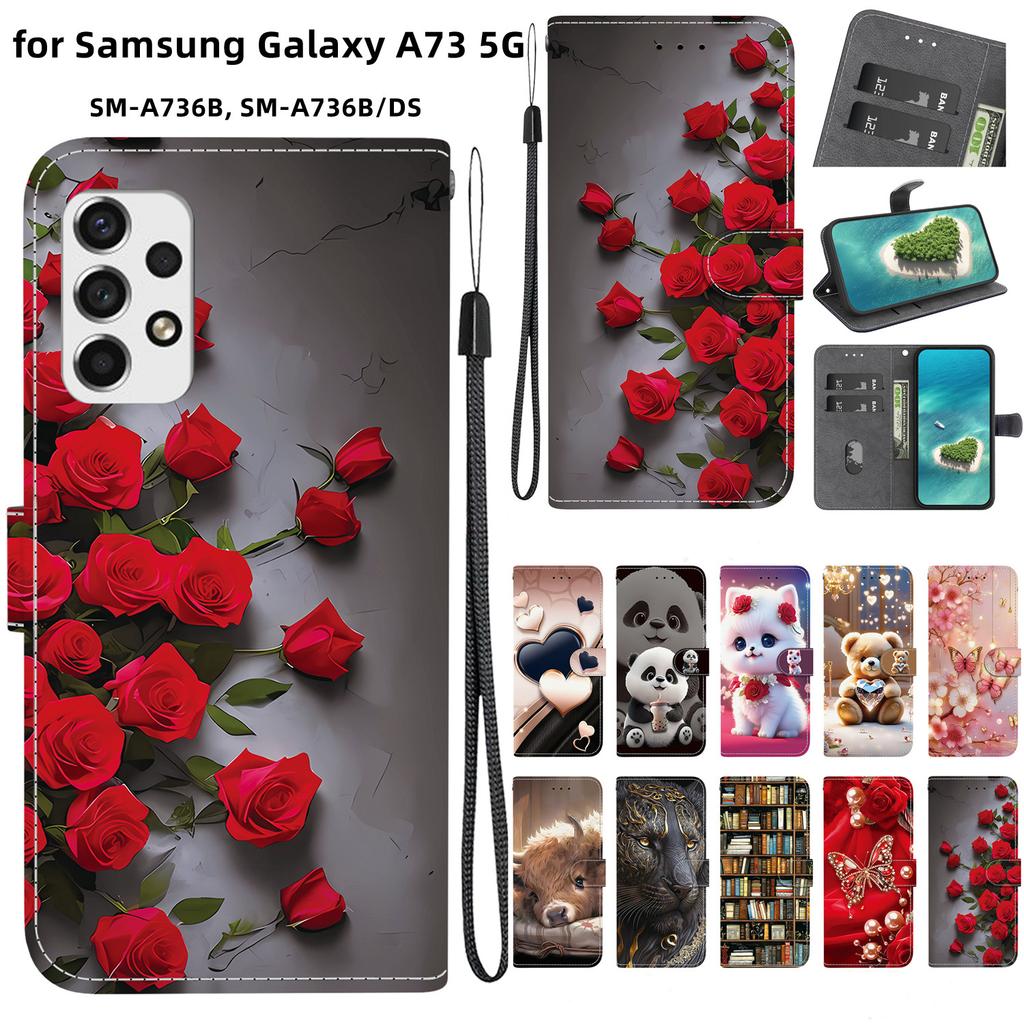 Чехол-книжка из искусственной кожи ручной работы для Samsung Galaxy A73 5G (A736B/A736B/DS)- Противоскользящий ударопрочный чехол с ремешком на запястье и дизайнами в виде сердец/роз и кошек