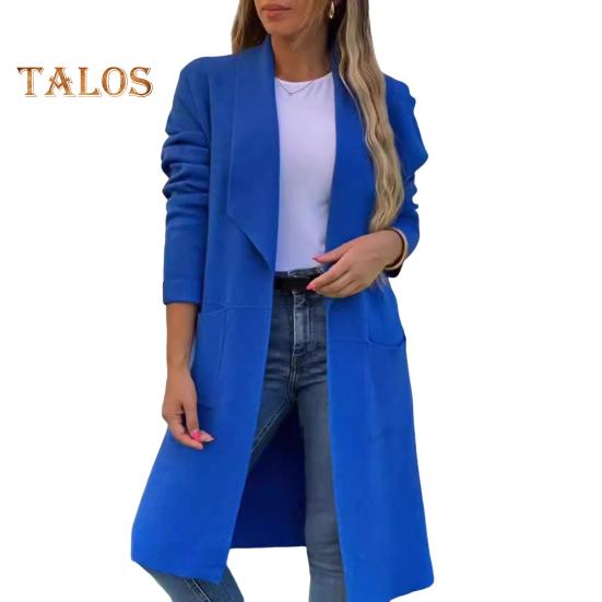 Женская шерстяная куртка с отложным воротником, однотонное трикотажное пальто средней длины, с длинными рукавами, для поездок на работу, свиданий, весна, осень, зима, пальто