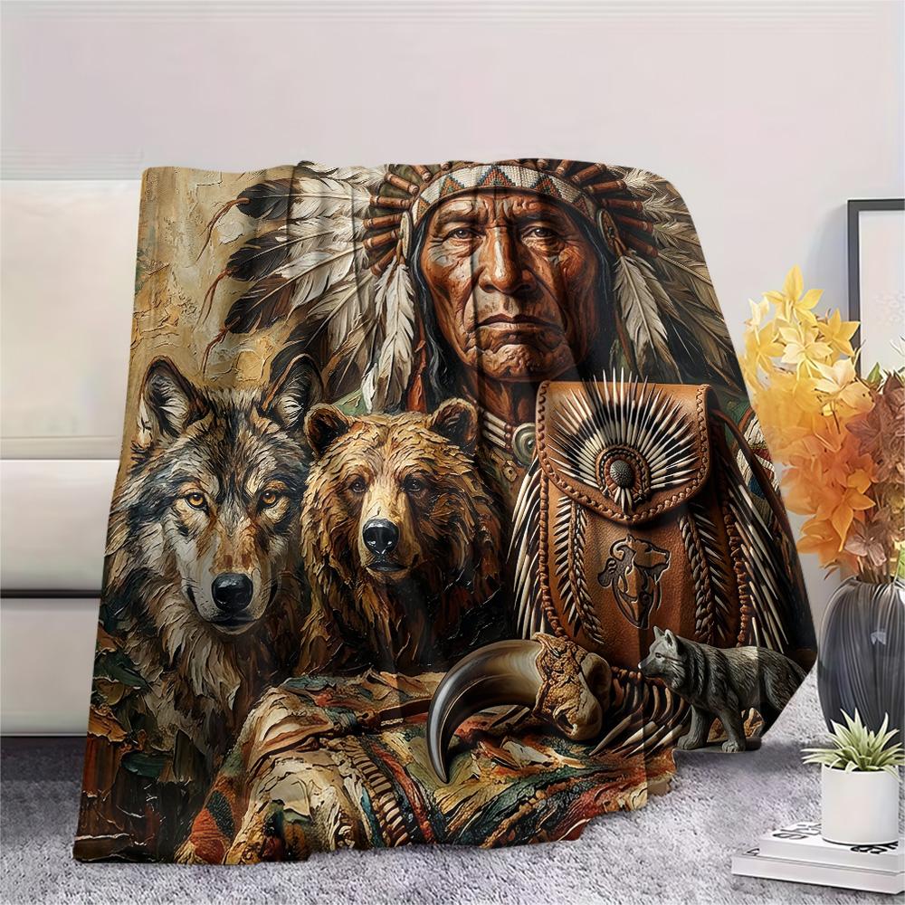 1Pc Indian Chief Painting Print Flannel Blanket High Quality Warm Comfortable Cover for All Seasons Perfect for Gifts Home Decor