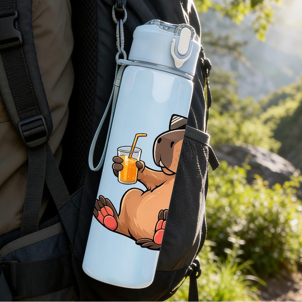 1PC Bear Drinking Beer Relax Cartoon Print 750ml Color Plastic Sports Water Bottle Leakproof Flip Straw Lid Suitable for Sports Office Home Use