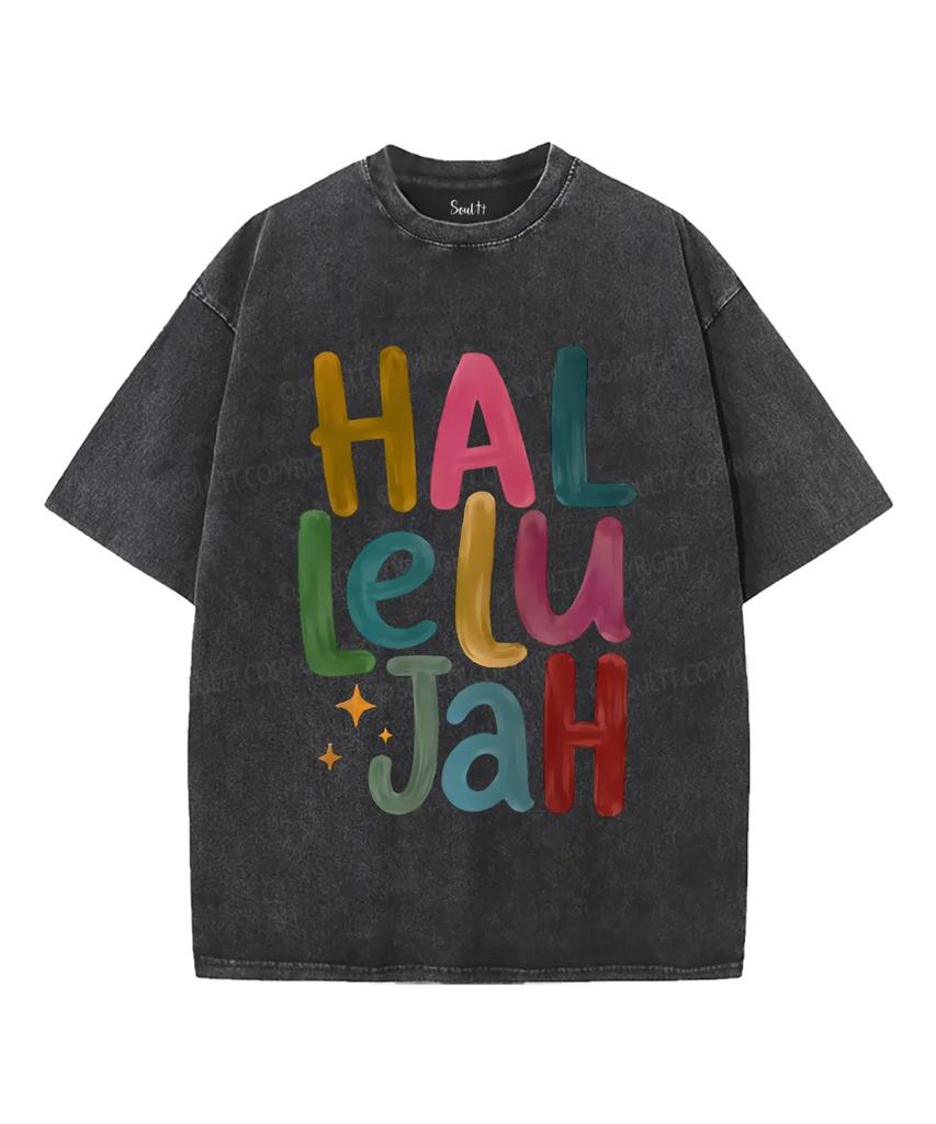 Colorful Bubble Letter Religious Inspirational Vintage Washed Hallelujah Graphic T-Shirt Men Women Short Sleeve Casual Tee Tops