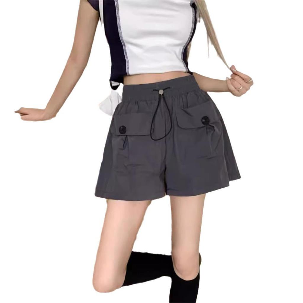 Summer 2024 Women's Gray High-Waisted Wide-Leg Casual Shorts with Double Pockets and Drawstring