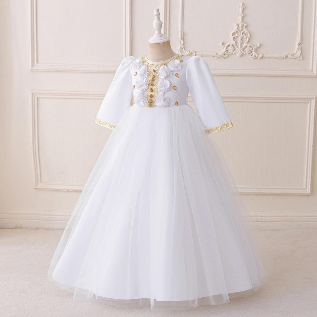 Детское вечернее платье принцессы - Длинный рукав, круглый вырез, плиссированный дизайн с сетчатой аппликацией