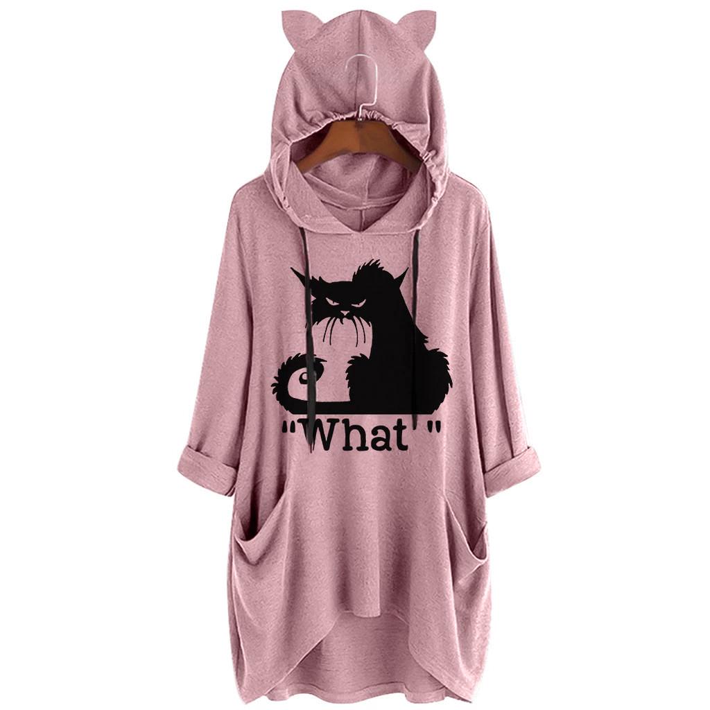 Женская повседневная блузка с кошачьими ушками и капюшоном с длинными рукавами и карманами
