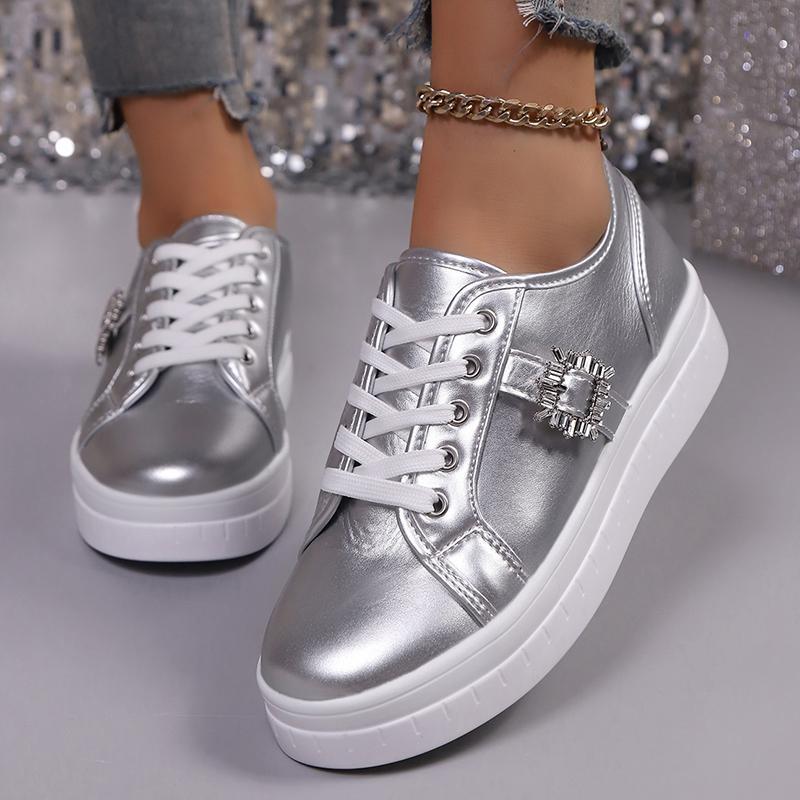 Женские модные кроссовки Золотые Серебряные Низкие Повседневные Спортивные Туфли Женские Металлический Декор Удобные Нескользящие Туфли для Ходьбы Большой Размер