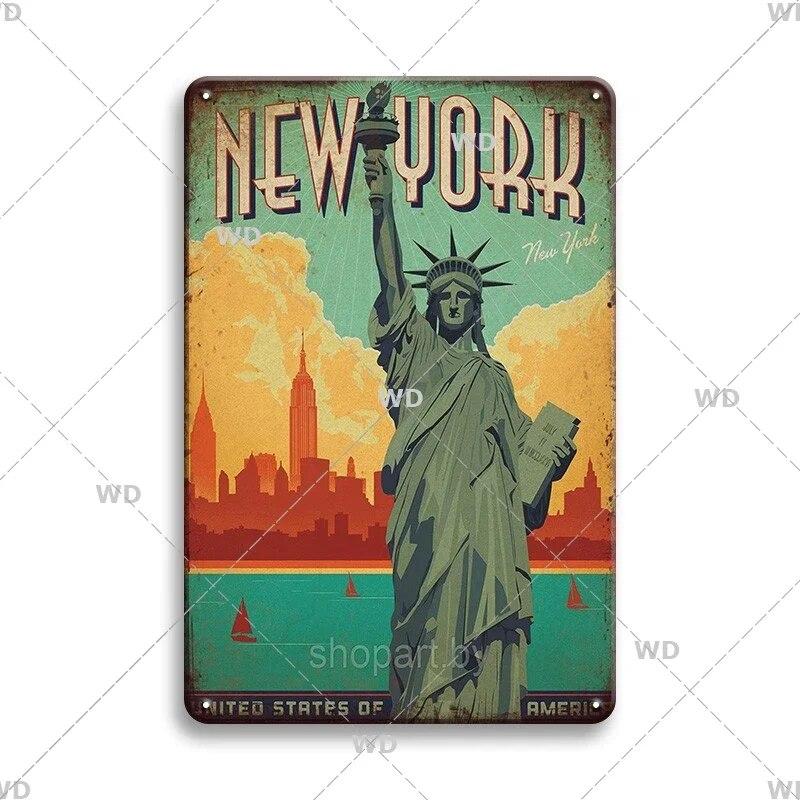 Tin Sign Landscape Paris Havana Tokyo Sydney Malibu Los Angeles Chicago City Metal Vintage Plaque Retro Decorative Plate Decor