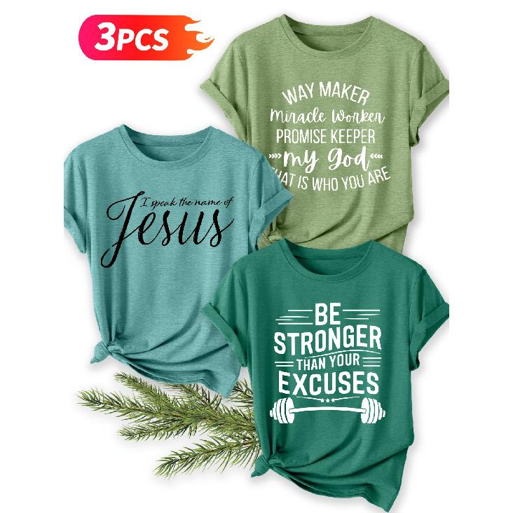 Three-piece set Religious inspirational text print short-sleeve retro round-neck shirt T Fresh and natural style loose-fitting shirt 2026 Elegant