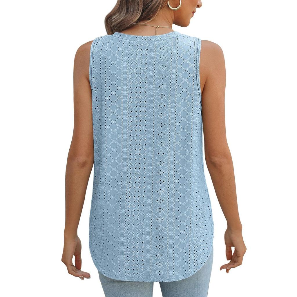 GMXIA Spring Summer V-neck Vest Sleeveless Hole Jacquard Top Casual Vest Women