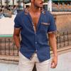 2025 Summer New Men's High Street Lapel Plaid Cuffs Patchwork Chest Pocket Fashion Casual Short-Sleeved Shirt Top Clothing
