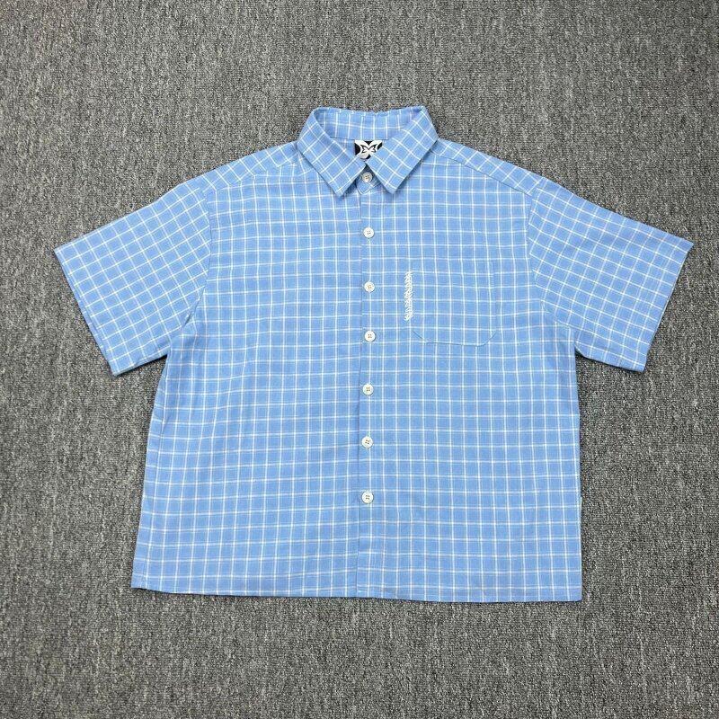 Mertra Blue Plaid Short Sleeve Shirt Men Women Embroidered Pocket Casual Loose Fit Teen Streetwear