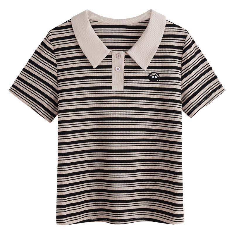 Striped Polo Neck Short Sleeve Embroidery T-shirt Women's Summer New Fashion Light Luxury Pure Cotton Loose Casual Top