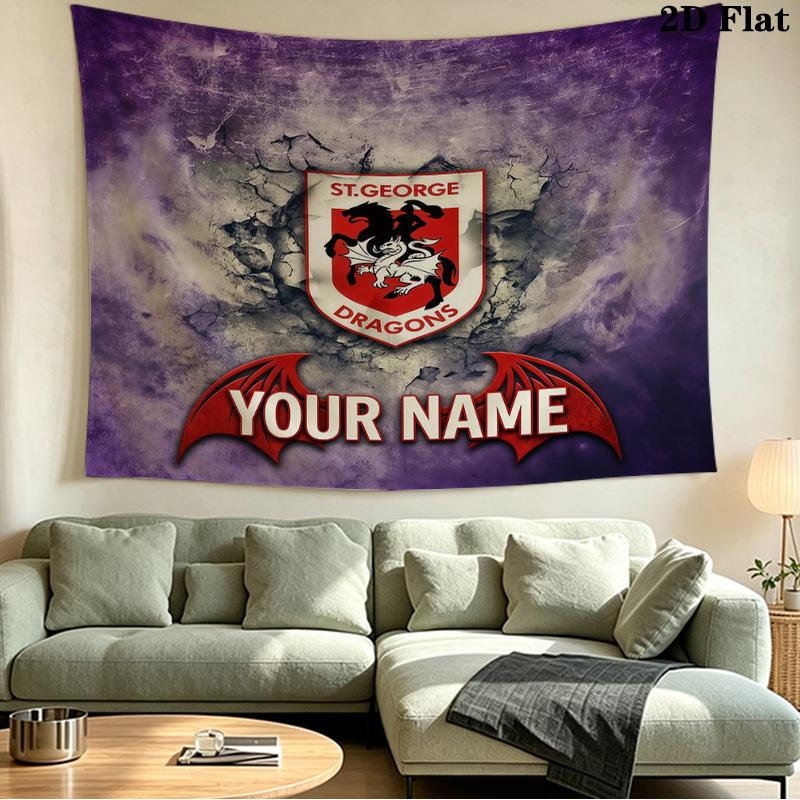 Custom Name St George Illawarra Dragons Printed Tapestry – Wall Hanging for Bedrooms, Dorms, and Home Decor