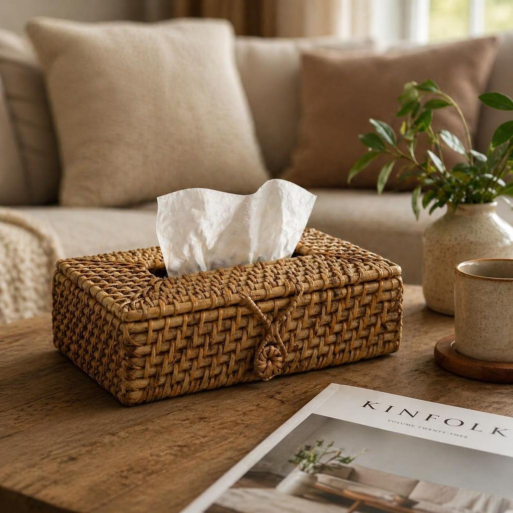 Eco Decx Handcrafted Rattan Tissue Box Holder, Woven Tissue Paper Cover for Bathroom, Dining Table & Home Decor, 23 x 15 x 9 cm