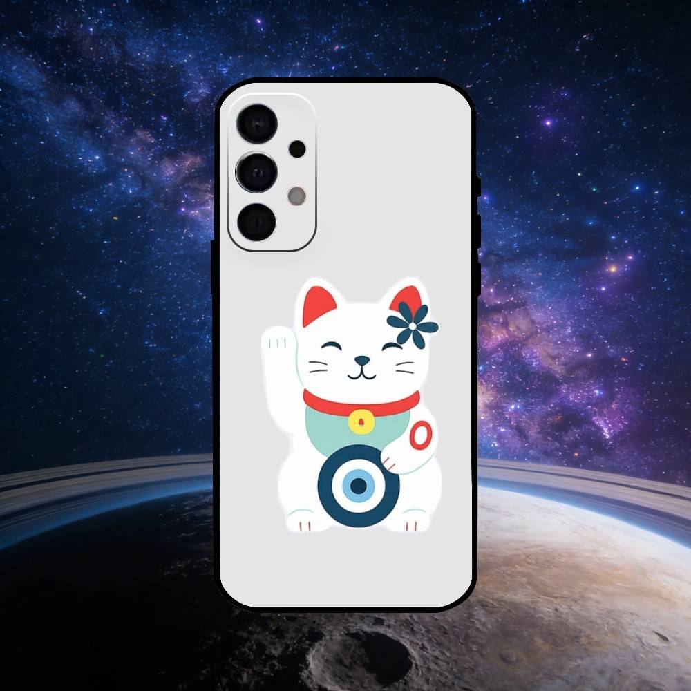 Cute Lucky Maneki Neko Cat Phone Case For Samsung S25,S24,S23,S22,S21,S20,Ultra,Plus,FE Black Soft Cover