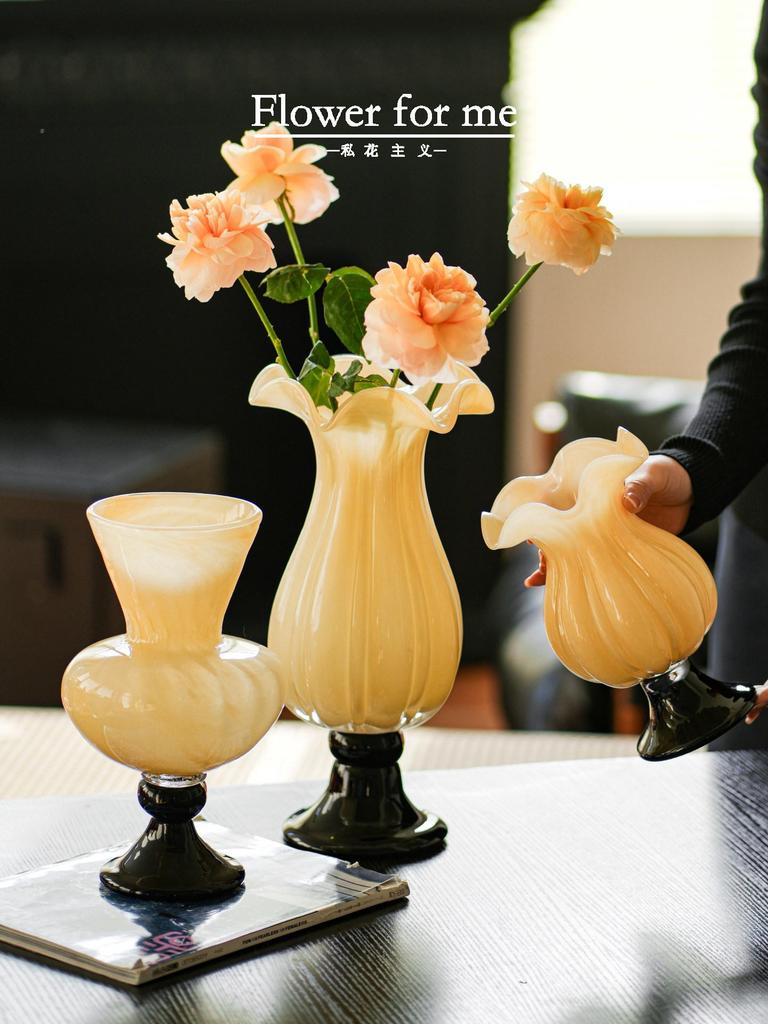 Handmade Art Glass Vase Cream Color Pedestal French Style Boho Home Decor