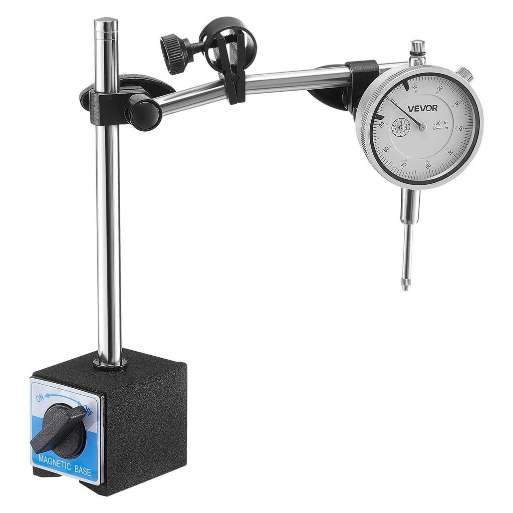 Dial Test Indicator with Dual Rod Stand and Storage Case, 0.03 mm Accuracy, 0-25.4mm Range, Fine Adjustable Long Arm, Non-Magnetic Centering Rods for