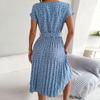 O-Neck Short Sleeve High-Waist Lace-Up Midi Dress Simple Floral Print Pleated Hem