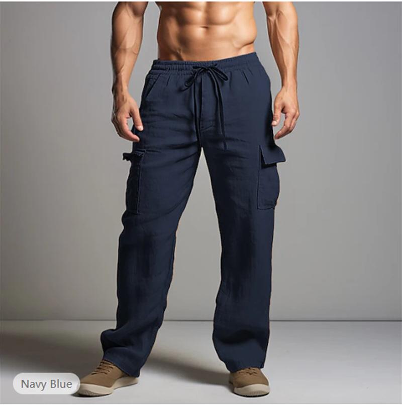 Men's Linen Pants Daily Loose Light Pants with Elastic Rubber Waist Summer Beach Straight Yoga Pants for Men Breathable Pants with Pockets