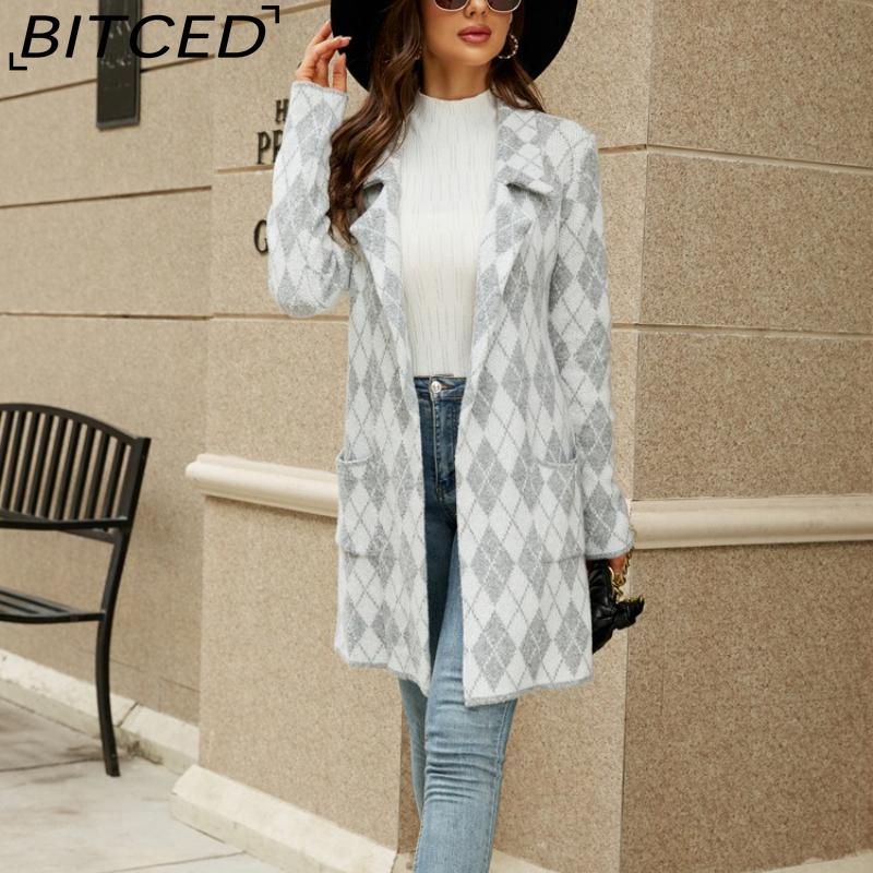 BITCED Autumn/Winter Long-Line Sweater: Colour-Blocked Houndstooth Knit Cardigan with Elegant Commuter Style Tailored Blazer with Suit Collar