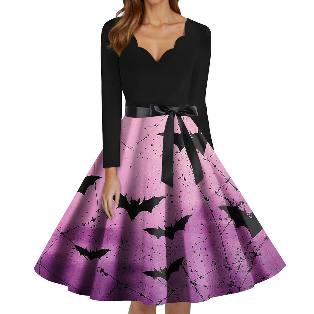 Women's Fashion V-Neck Casual Slim Fit Halloween Printed Long Sleeve Dress