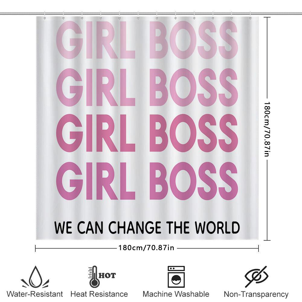 Chic Girl Boss Shower Curtain Set For Bath Decor Gradient Pink Typography Design Durable Fabric Material With Hooks Included