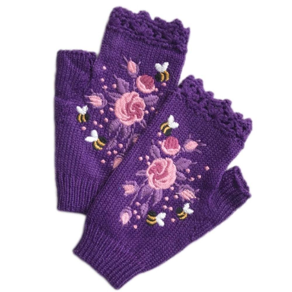 Вязаные митенки с отверстиями для большого пальца, с цветочной вышивкой пчелы, цветочные варежки, зимние