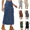 Denim Tooling Skirt Casual Mid-length Skirt Women's Side Ruched Drawstring High Waist Long Cargo Skirt with Flap Pockets