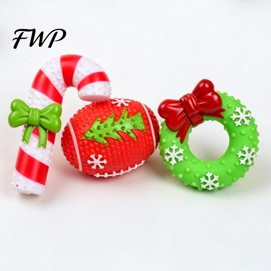 Non-Toxic Dog Chew Toys Christmas Squeaky Toys, Teeth Cleaning Interactive Pet Holiday Themed Balls with Candy Cane Wreath Shapes for Puppy