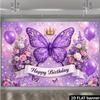 2D Purple Butterfly Birthday Backdrop Floral Crown Girl Party Photo Booth Banner