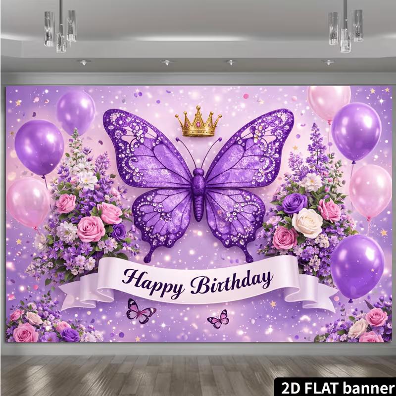 2D Purple Butterfly Birthday Backdrop Floral Crown Girl Party Photo Booth Banner