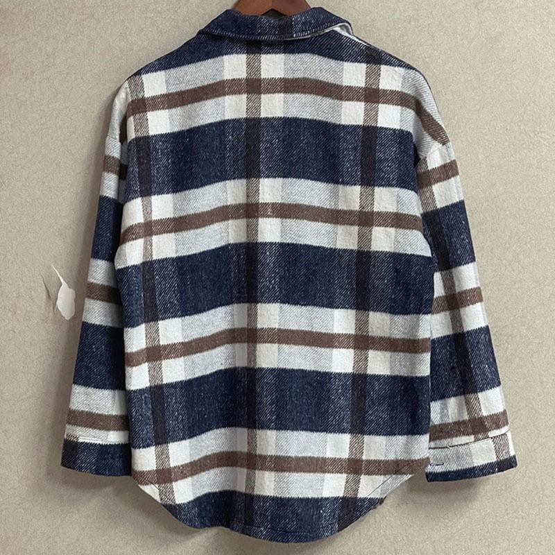 Женская повседневная клетчатая куртка с длинным рукавом и лацканами, осенняя утолщенная фланелевая рубашка с пуговицами, свободное теплое шерстяное пальто с двумя карманами