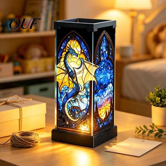Warm LED Atmosphere Lamp Stained Glass Table Lamp, Rectangular Shape Night Light, Artistic Vertical Geometric Light with Soothing Glow Lighting