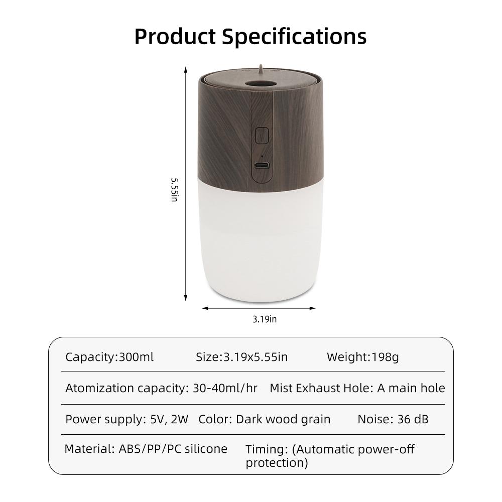 Диффузор для дома 300 мл Диффузор для ароматерапии с текстурой дерева и 7-цветной подсветкой для настроения Идеально подходит для автомобиля, дома или офиса Включает 2 эфирных масла